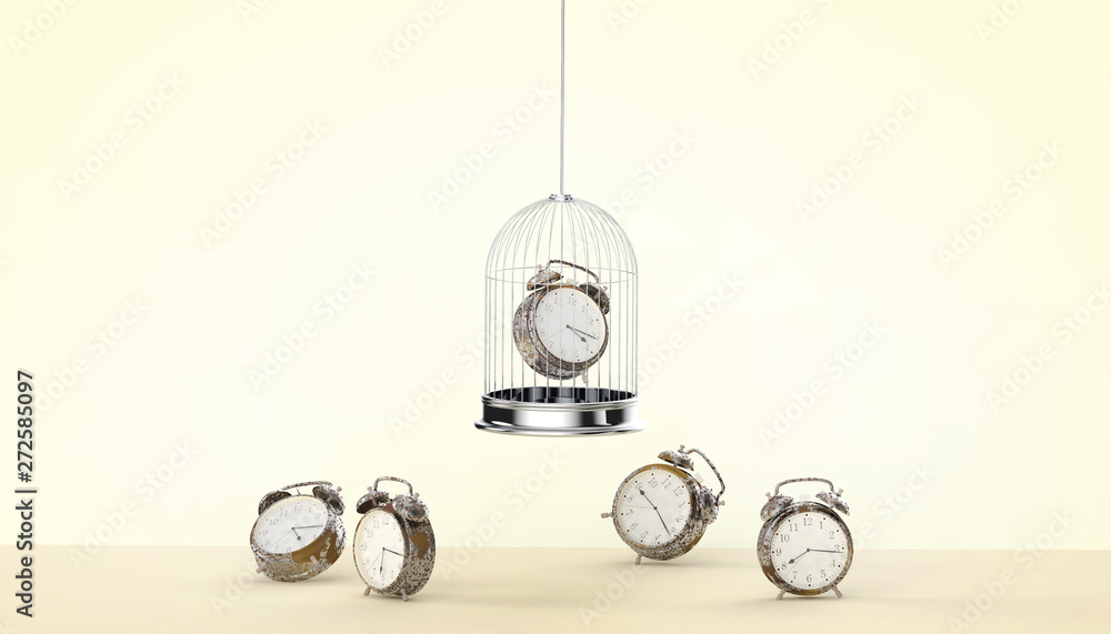 Poster alarm clock groups and old alarm clock in cage on background concept old modern art minimal and past