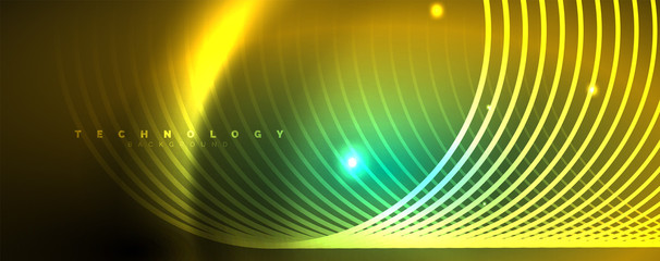 Shiny neon lines template - northern lights glowing blur lines. Futuristic style glow neon 80s disco club or night party techno template