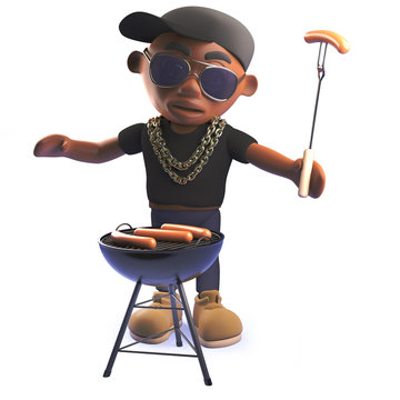Cartoon 3d African American hiphop rapper cooking a bbq barbecue