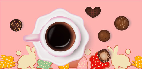 Cup of coffee and chocolate candies, easter background