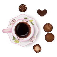 Cup of coffee and chocolate candies, sweets