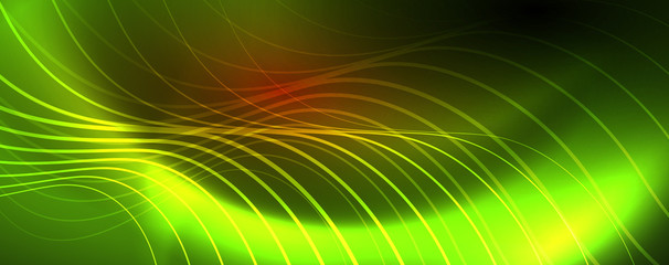 Bright neon circles and wave lines, glowing shiny background design template, digital techno concept.