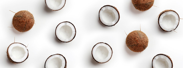 Coconut pattern on white background, top view