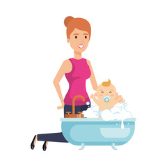 motther with baby bathing in the bathtub