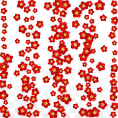 Vector Realistic Red Flowers Falling on Transparent Background.  Spring Romantic Flowers Illustration. Flying Asian Rose Spa Design. Blossom Confetti. Design Elements for Wedding Decoration.