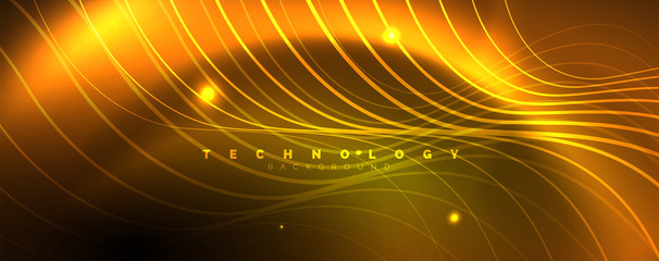 Bright neon circles and wave lines, glowing shiny background design template, digital techno concept.