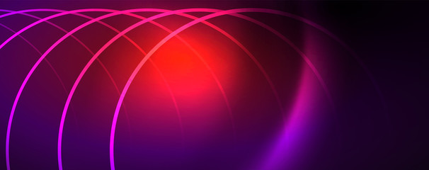 Shiny neon lights, dark abstract background with blurred magic neon light curved lines