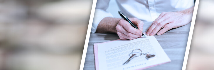 Real estate contract signature (lorem ipsum text used). panoramic banner