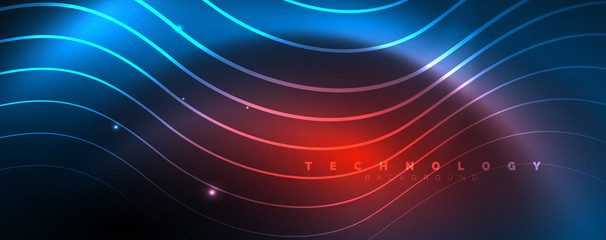 Trendy neon blue abstract design with waves and circles. Neon light glowing effect. Abstract digital background.