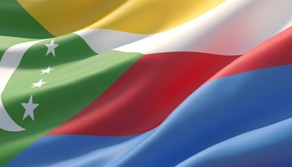 Waved highly detailed close-up flag of Comoros. 3D illustration.