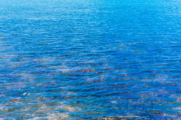 The blue water in the lake sees the ground and algae.