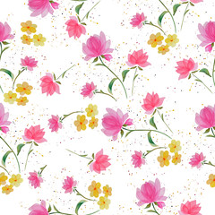 Watercolor seamless pattern with a delicate floral print with pink and yellow flowers. Greeting cards, textile design.