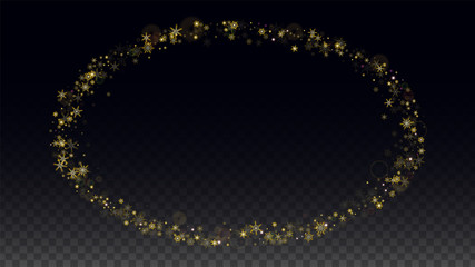 Christmas  Vector Background with Gold Falling Snowflakes Isolated on Transparent Background. Realistic Snow Sparkle Pattern. Snowfall Overlay Print. Winter Sky. Design for Party Invitation.