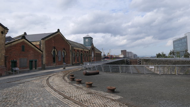 View of the old and historical Titanic Pump house in the Port of Belfast, Northern Ireland