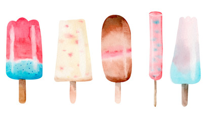 Watercolor set of bright and juicy popsicles with different flavors. Isolated on a white background 