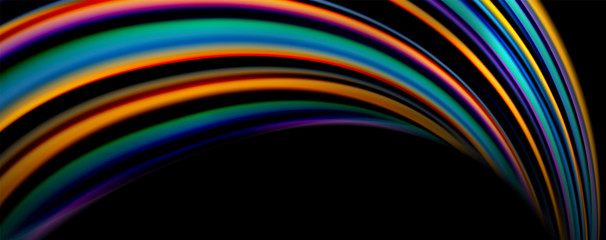 Fluid color rainbow style wave abstract background, techno modern design on black