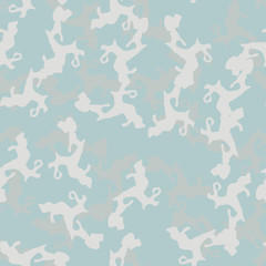 Winter camouflage of various shades of grey, blue and white colors