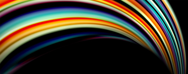 Fluid color rainbow style wave abstract background, techno modern design on black