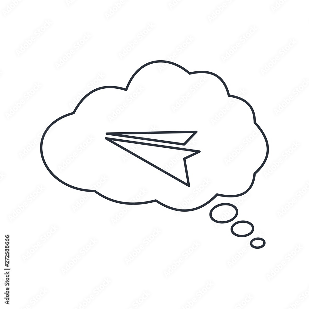 Poster A cloud of dreams with a flying paper airplane. Flight of fancy. Vector linear icon.
