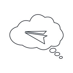 A cloud of dreams with a flying paper airplane. Flight of fancy. Vector linear icon.