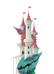 Book cover fairy tale illustration castle and dragon