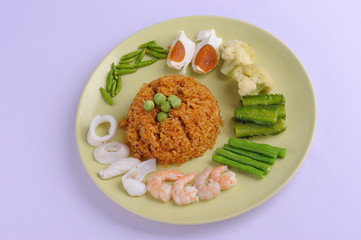 Fried Rice with Boiled Salted Egg on The Square Plate, Popular Thai Food Isolated on white Background