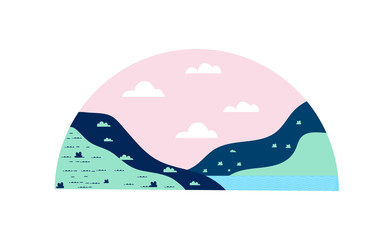 Illustrasion landscape flat with unique and cute plants and mountains for websites, banners and cards