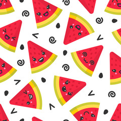 Cute smiling watermelon, vector seamless pattern on white background. Best for textile, backdrop, wrapping paper