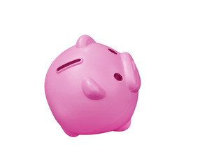 Single colorful empty pink piggy plastic bank or money savings box isolated on white background with clipping path