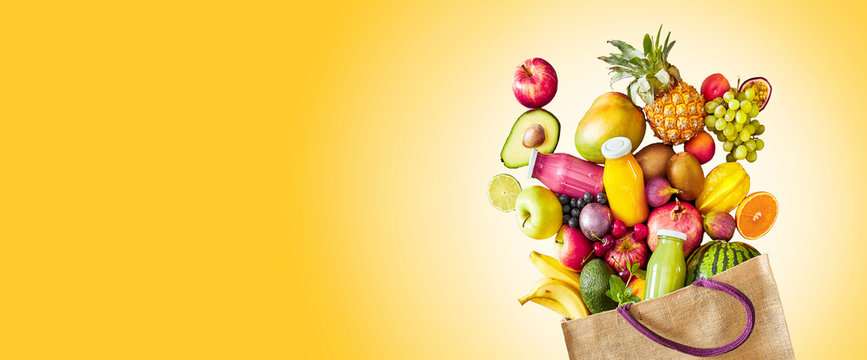 Colorful yellow panorama banner of tropical fruit