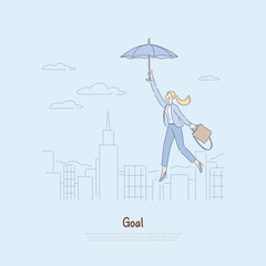 Fototapeta na wymiar Woman floating on umbrella over city, getting inspired to achieve success, personal growth, achievements, self development work banner