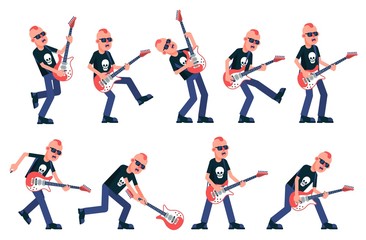 Fototapeta na wymiar Rock guitarist from a punk band plays the electric guitar in various poses. Vector illustration.
