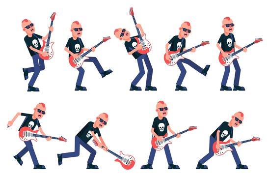Rock guitarist from a punk band plays the electric guitar in various poses. Vector illustration.