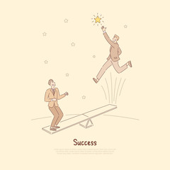 People jumping on seesaw attraction, reaching for stars, achieving goals together, businessmen using teamwork to reach goals banner