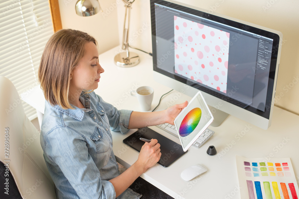 Fototapete Graphic designer. Work with color on the project. web design concept. freelancer. art