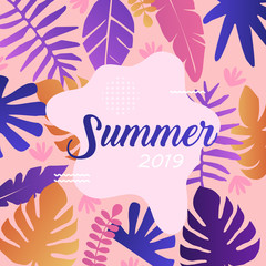 Fototapeta na wymiar Summer card template, travel and holiday ads and banners, colorful tropical poster design vector illustration. Advertising material with tropical jungle leaves and flowers