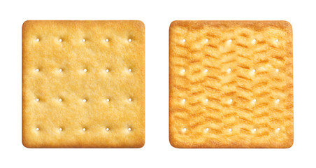 Two sides of a delicious square cracker, isolated on white background