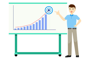 Businessman in casual wear (blue polo shirt with brown trousers) presents business performance by using bar graph, pointing finger to the expected target or goal on whiteboard. Flat design vector.