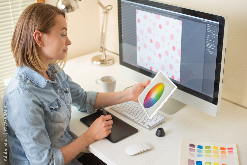 Aufkleber graphic designer. work with color on the project. web design concept. freelancer. art