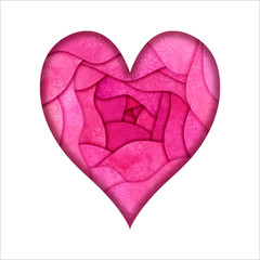 Heart shape paper cut design template. Watercolour hand painted pink red 3D style design