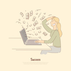 Receiving big payment, woman winning digital lottery jackpot, well-paid work from home, playing on stock market, banner