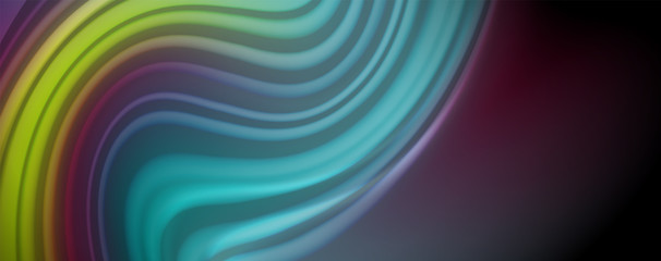 Modern rainbow liquid color flow colorful poster. Wave Liquid shape in black color background. Abstract composition