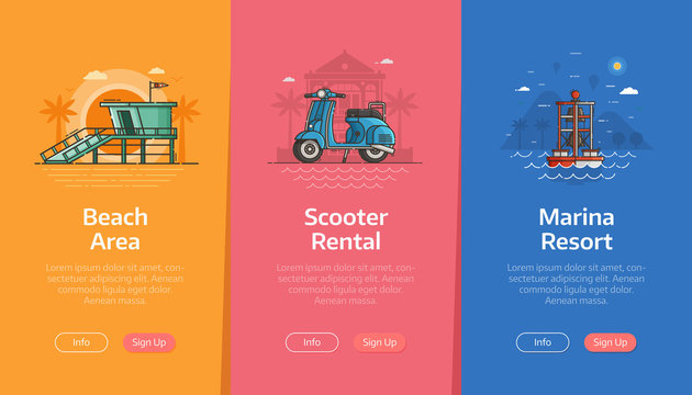 Sea vacation vertical banners for beach resort application. Summer traveling agency onboarding UI screens. Adventure on seaside coast scenes with baywatch tower, blue scooter and sea buoy.