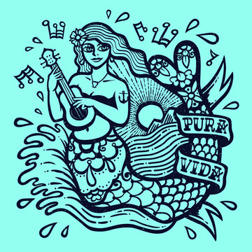 Cute siren mermaid girl playing ukulele with sea and shining sun exotic tropical paradise landscape tattoo style monochrome vector illustration t-shirt or sticker design