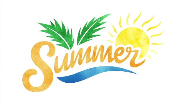 Summer handwriting script vector animation. Simple Summer watercolor typescript with palm tree, sun, and sea. Repeat element. 4K video. For events, marketing,  promotion, advertising,