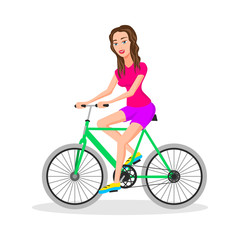 Fototapeta na wymiar Cool vector character design on adult young woman riding bicycles. Stylish female hipsters on bicycle, side view, isolated. Vector illustration of a flat design