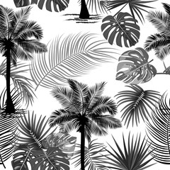 Vector tropical jungle seamless pattern with black palm trees