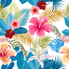 Vector tropical jungle seamless pattern with flowers, palm trees