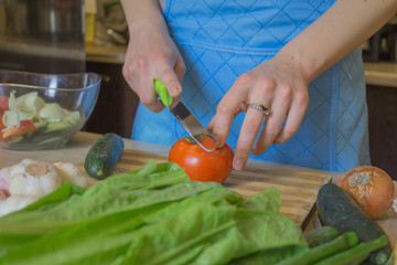 Young woman cooking healthy meal in the kitchen. Cooking healthy food. Woman in kitchen preparing vegetables
