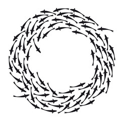 Vector black silhouettes of different fish sailing in a flock around. Isolated on white background